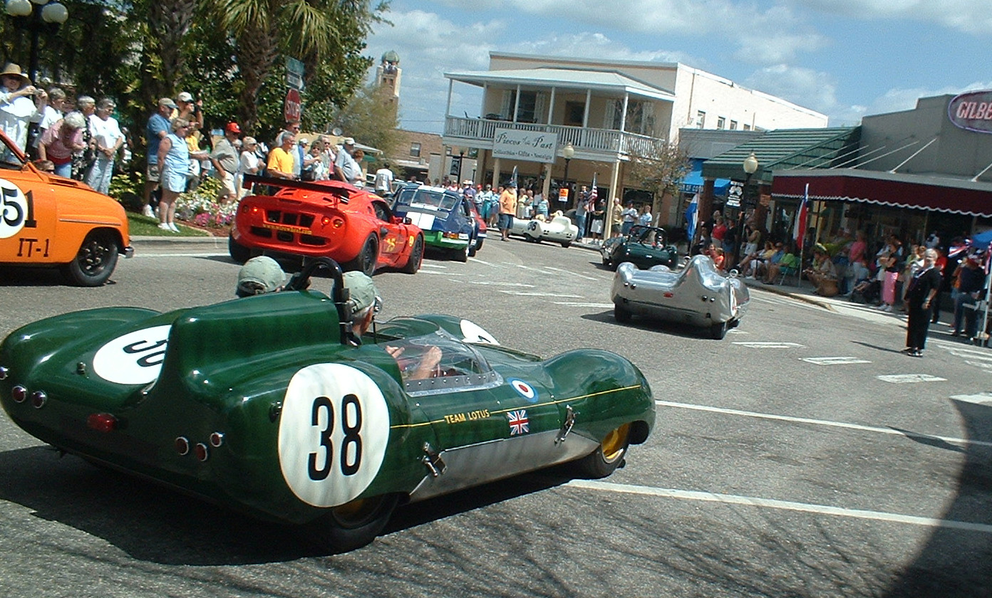 Lotus Elevens blast into downtown Sebring.   Photo - J. Sloane